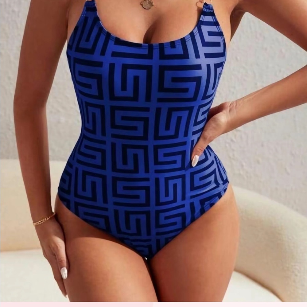 Trendy one piece blue and black geometric design swimsuit high back size large